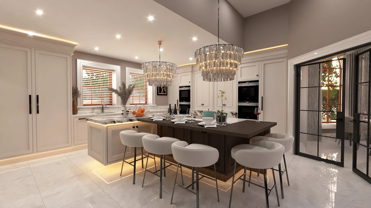 Luxury kitchen island designed by Darren Morgan Design with carefully planned seating, circulation space and premium finishes.