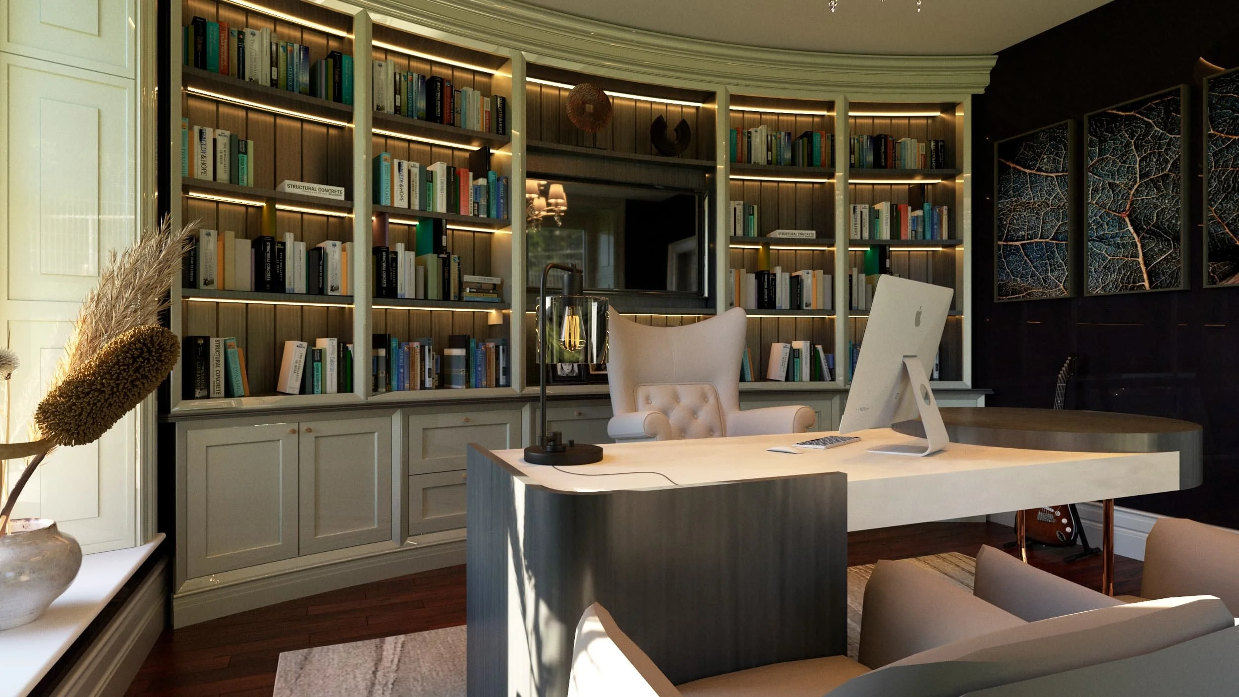 a high end bespoke office room with a modern white and grey desk in the centre with a large white chair behind the desk with a mac on it. Behind the desk is a curved floor to ceiling bookshelf full of books with a mirror in the middle