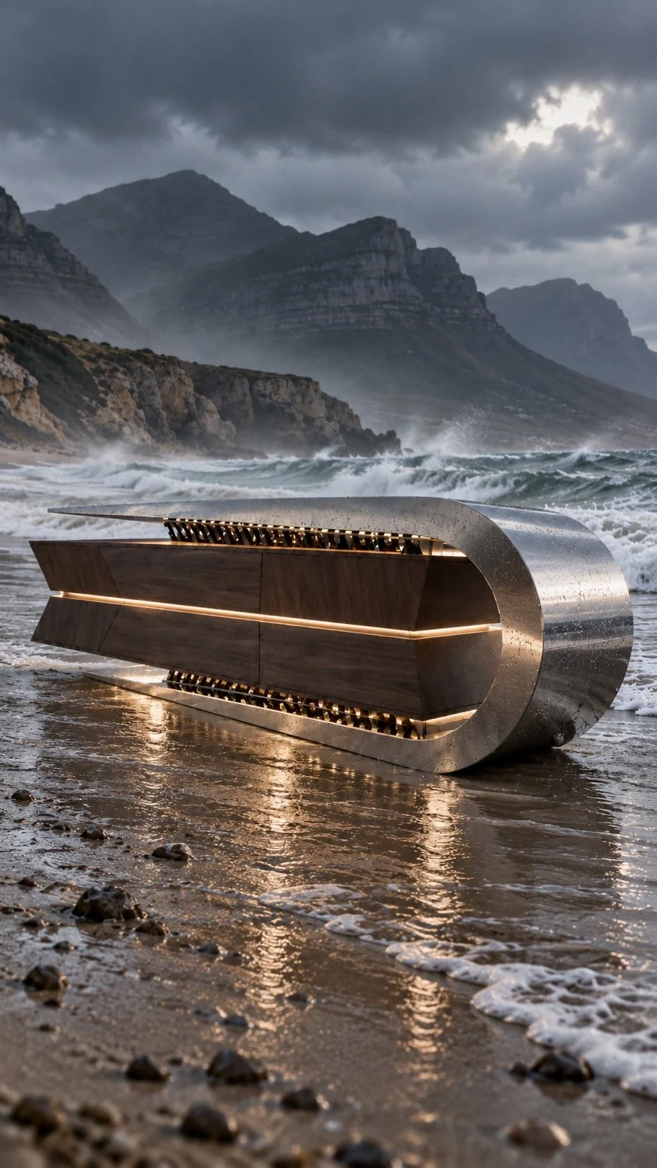 CGI furniture concept showing a sculptural metal and timber console in a coastal setting.