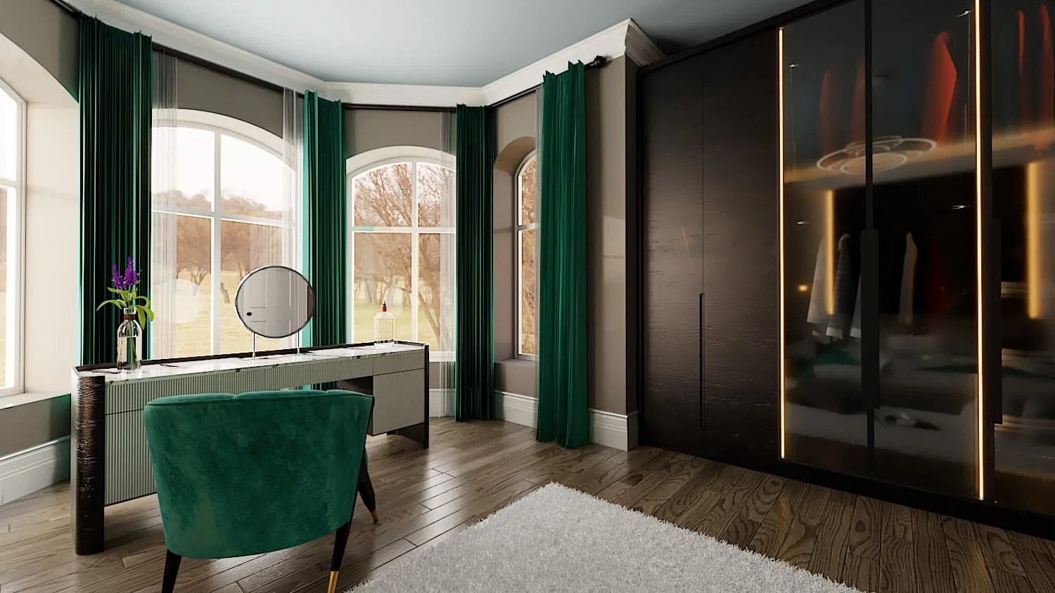 A unique dressing room interior design with floor to ceiling darn wood cabinets next to floor to ceiling glass cabinets with shirts hanging inside. A window on the left is hung with emerald green curtains