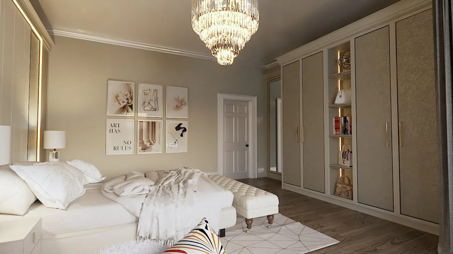 A sophisticated bedroom with warm neutral walls, white bedding and throws on the bed, a 6 piece art collectio non the wall and a warm chandelier on the ceiling - part of Darren Morgan's online interior design services in UK, Ireland and Dubai