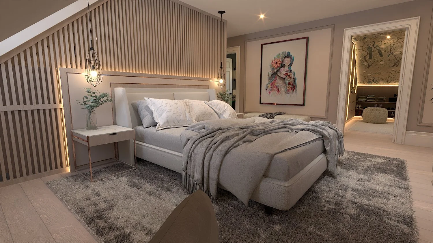 Bespoke bedroom and dressing room design with fitted wardrobes, integrated storage and contemporary detailing.