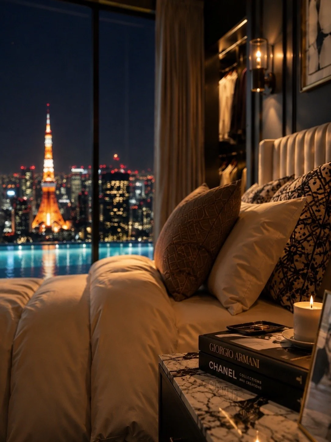 Photorealistic CGI of a luxury bedroom overlooking a city skyline at night.