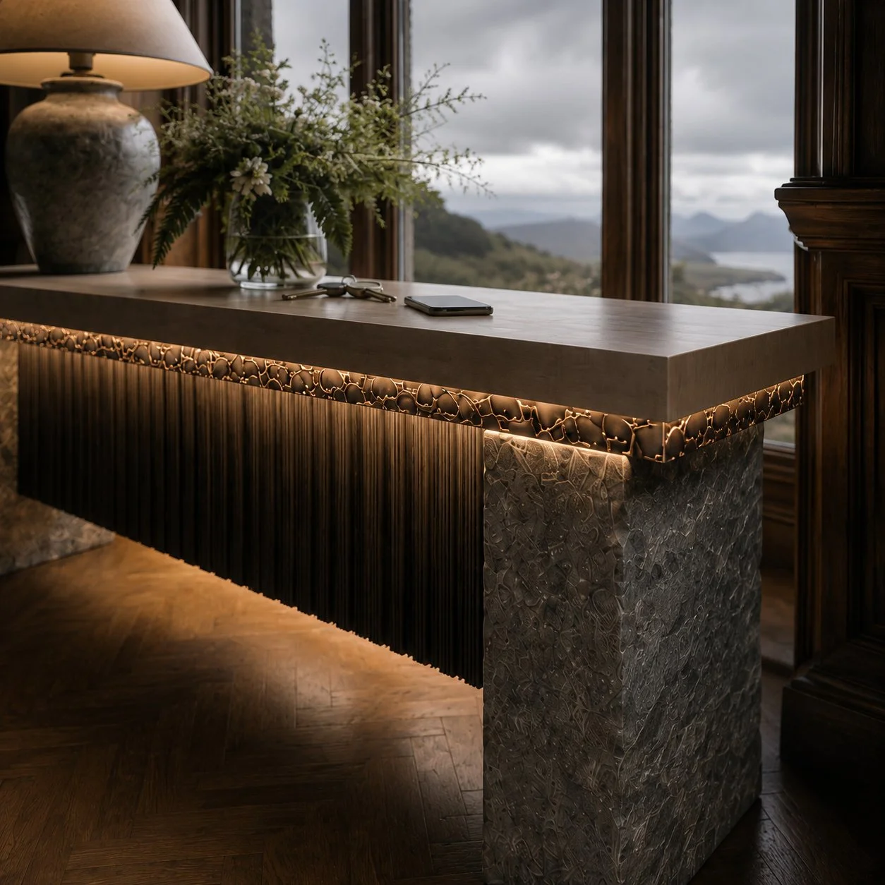 Photorealistic CGI of a bespoke illuminated bar overlooking a mountainous lake landscape.