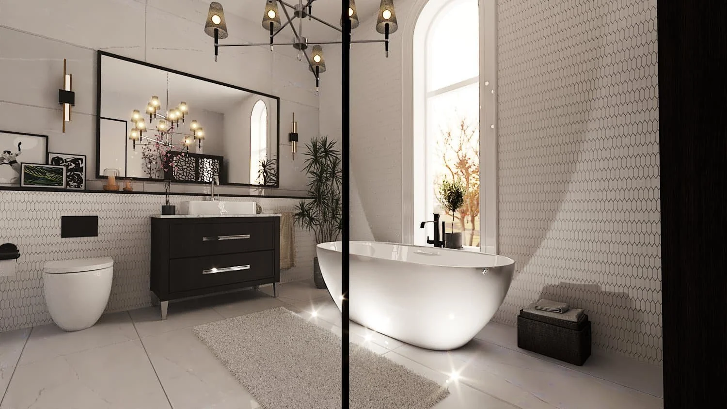A monochrome bathroom with a white freestanding curved bath, valued ceiling,black sink unit, black mirror and black light fittings