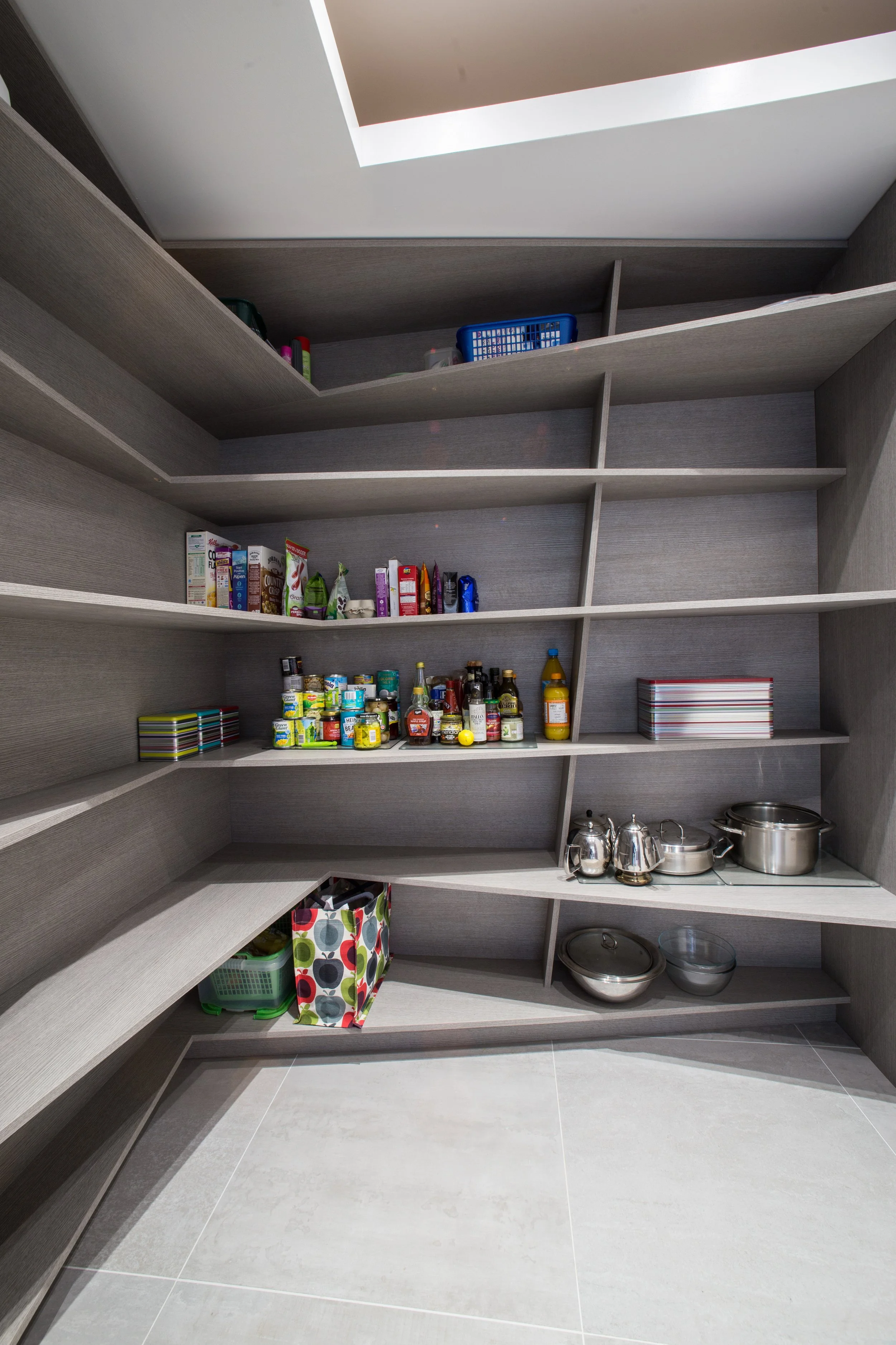 Architectural bespoke walk-in kitchen pantry designed by Darren Morgan Design.