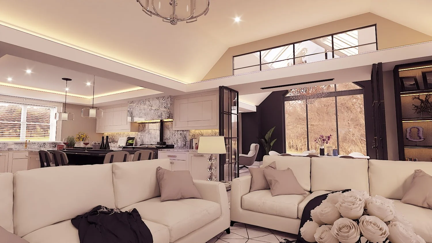 Photorealistic CGI of an open-plan kitchen and living interior with bespoke island.