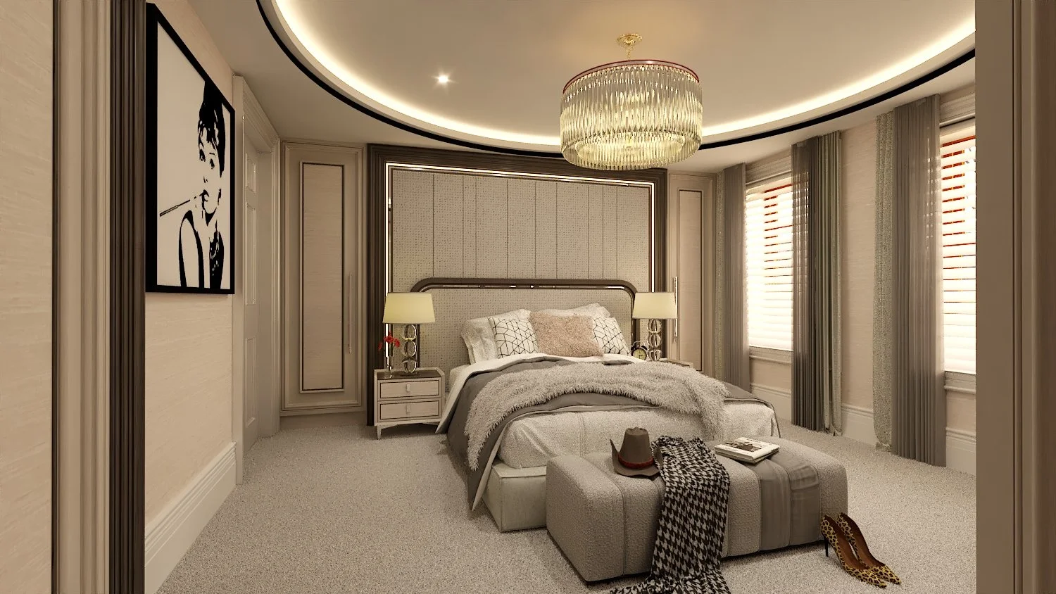 Luxury bedroom interior designed by Darren Morgan Design featuring bespoke wall panelling, layered lighting, custom furniture and timeless contemporary styling.
