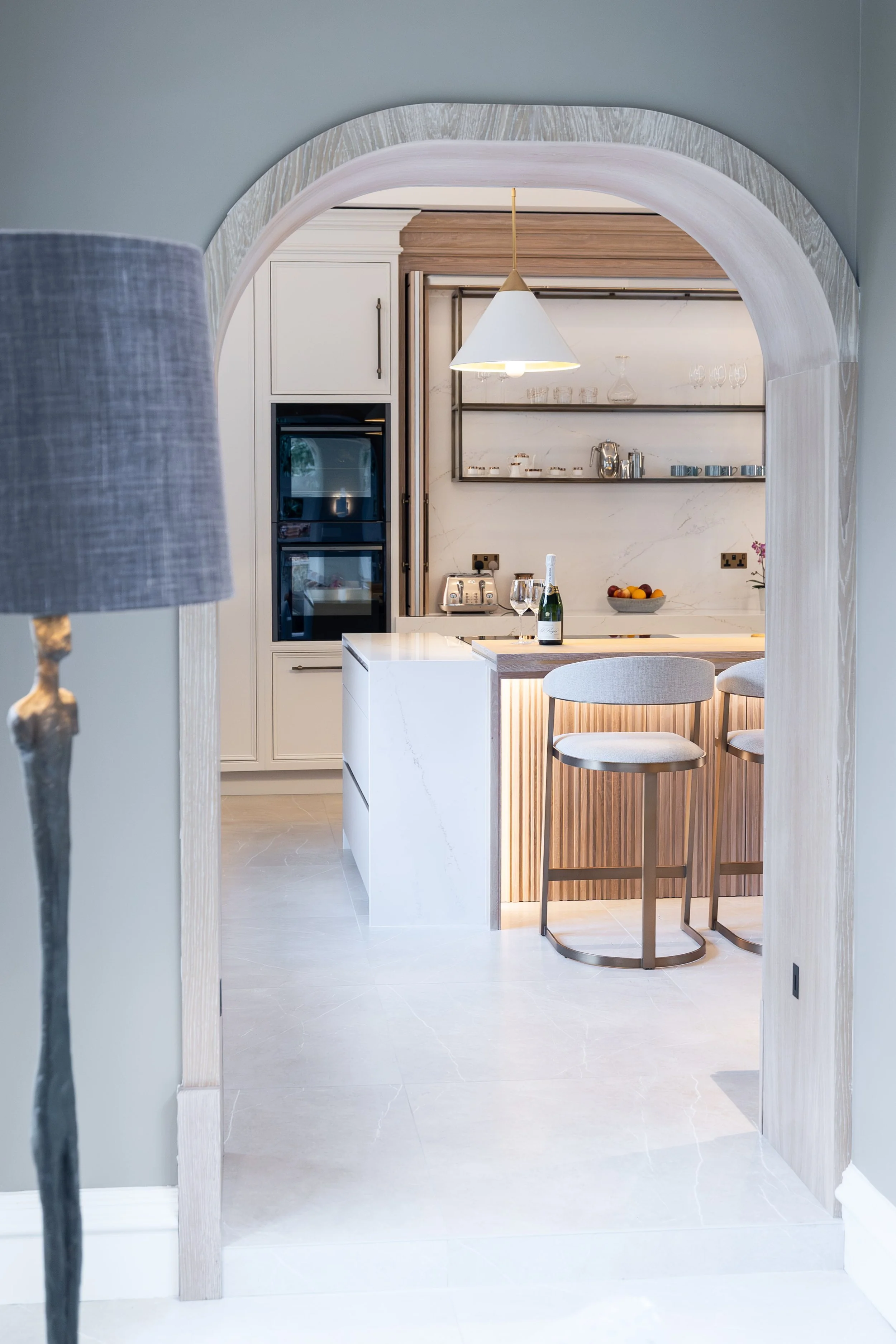 luxury kitchen in a Dublin family home featuring bespoke cabinetry, architectural detailing