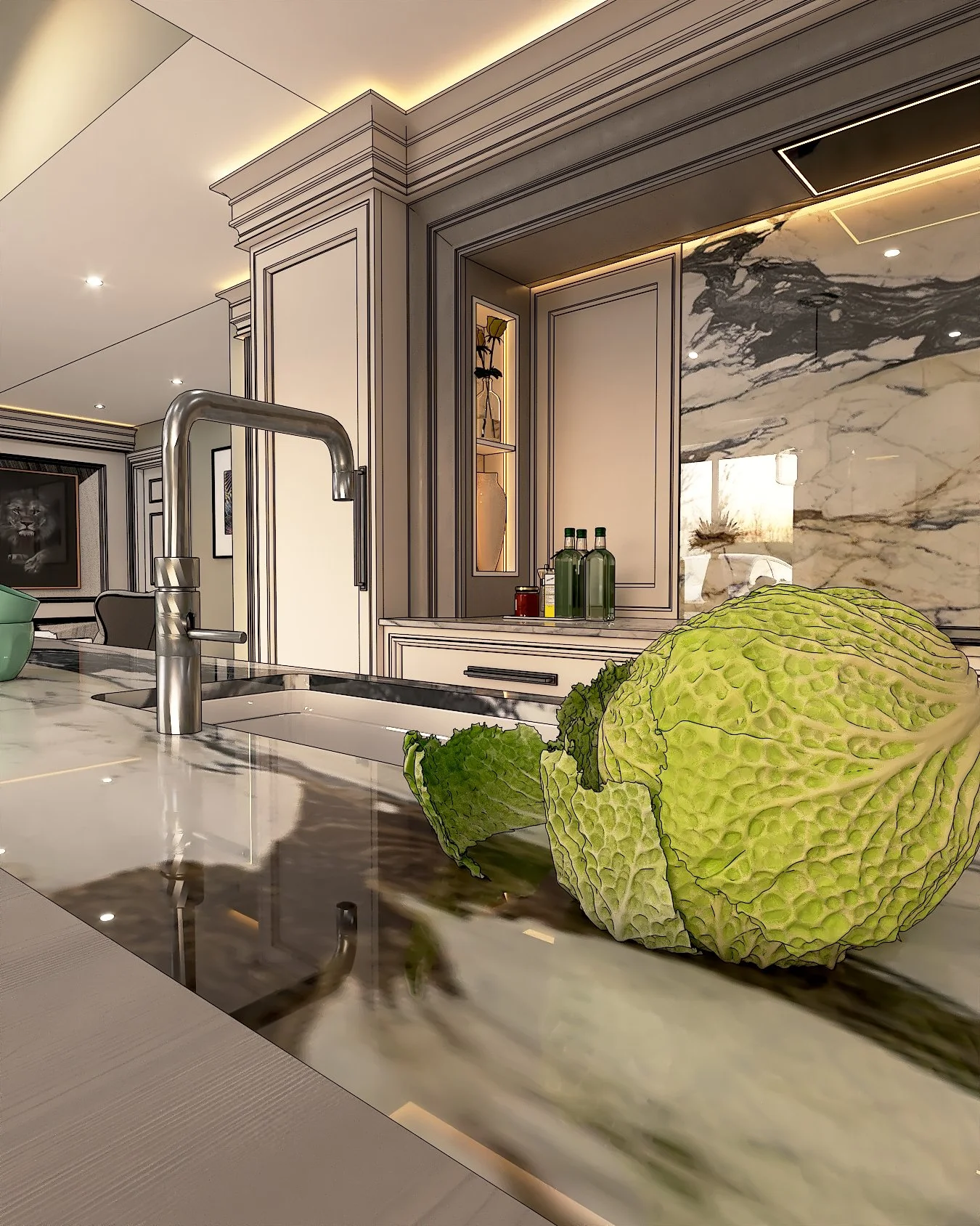 Photorealistic CGI of a luxury kitchen with stone worktop and bespoke cabinetry.