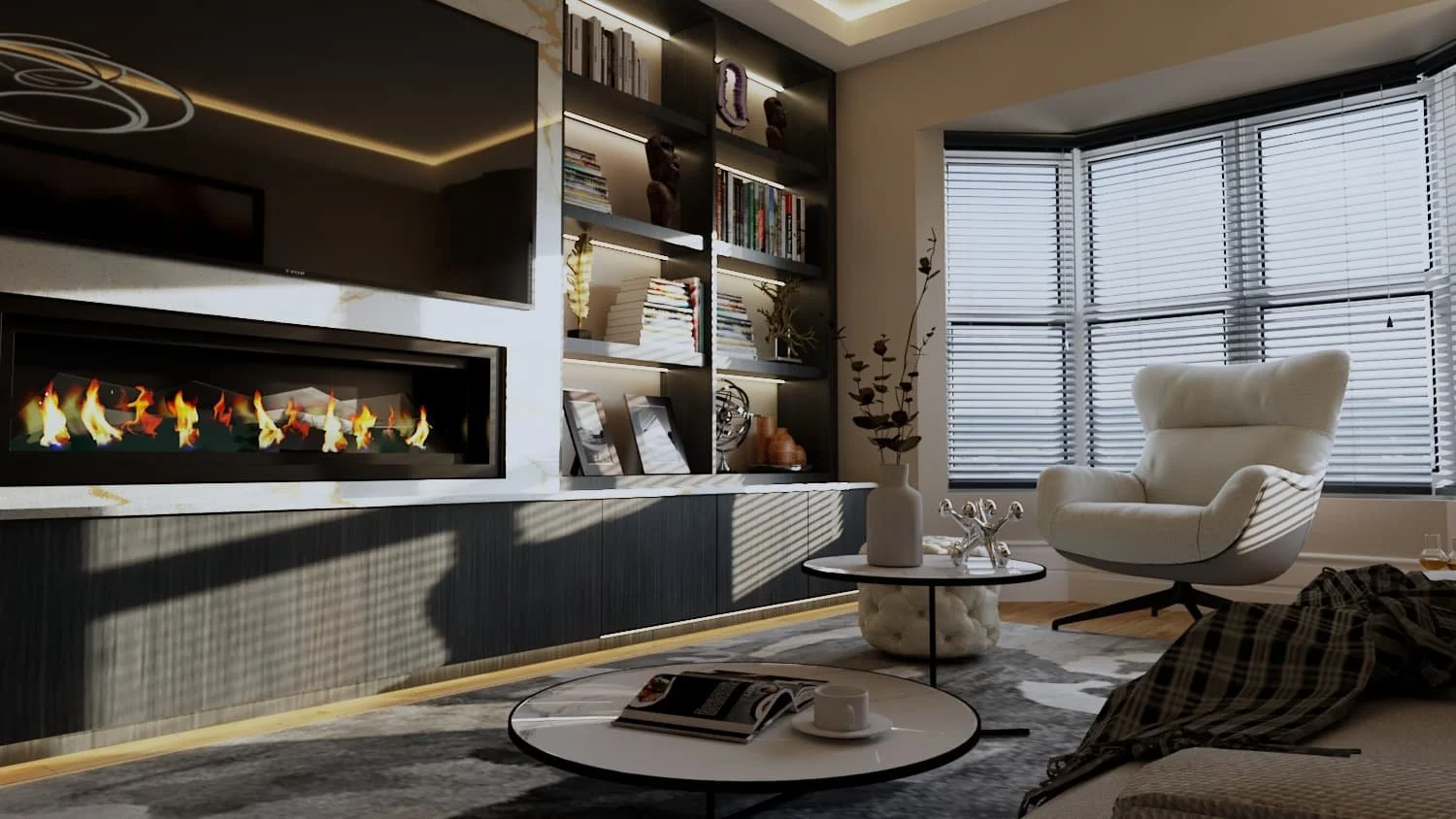 a living space with lots of light coming from the windows on the right, shining on a full storage system on the left wall, with floor to ceiling bookshelves and cabinetry, with a tv in the middle. The shelving is black, a rug on the floor is grey