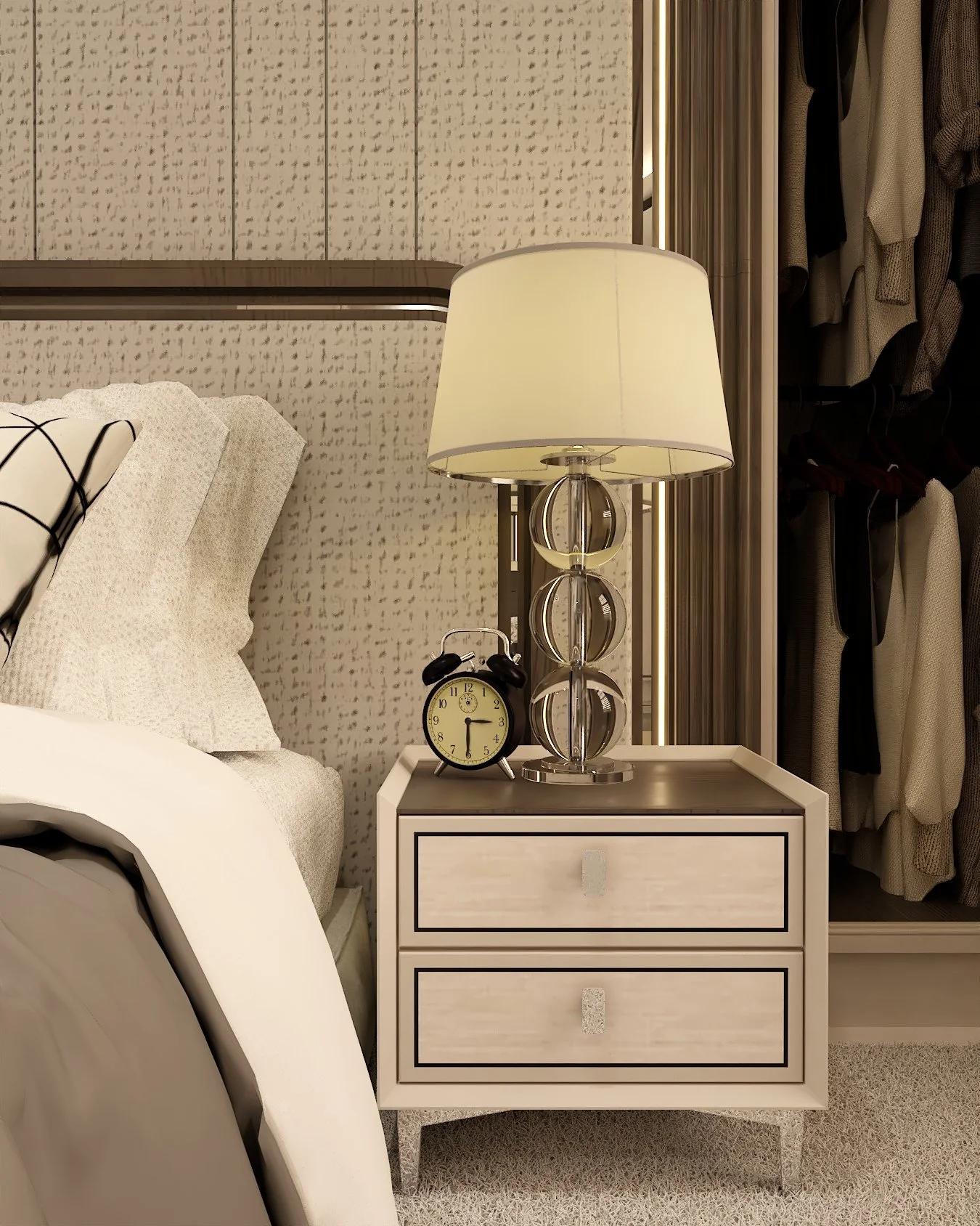 Photorealistic CGI of a bespoke bedside cabinet with integrated wardrobe lighting.