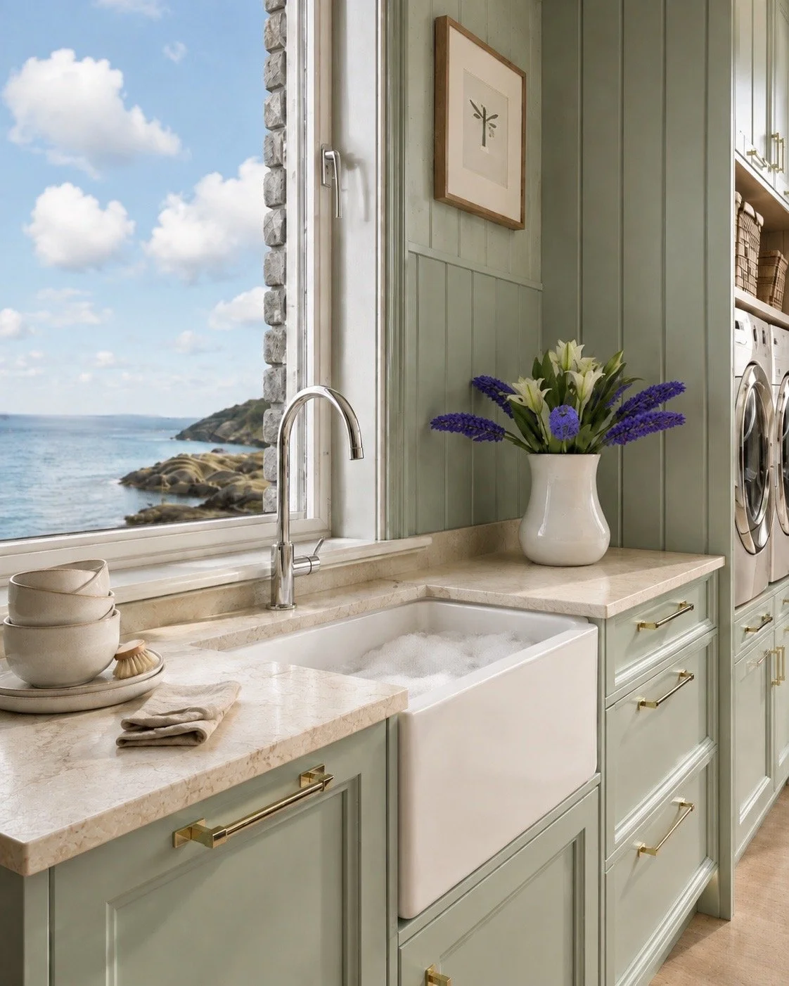Photorealistic CGI of a sage green utility room with farmhouse sink and coastal view.