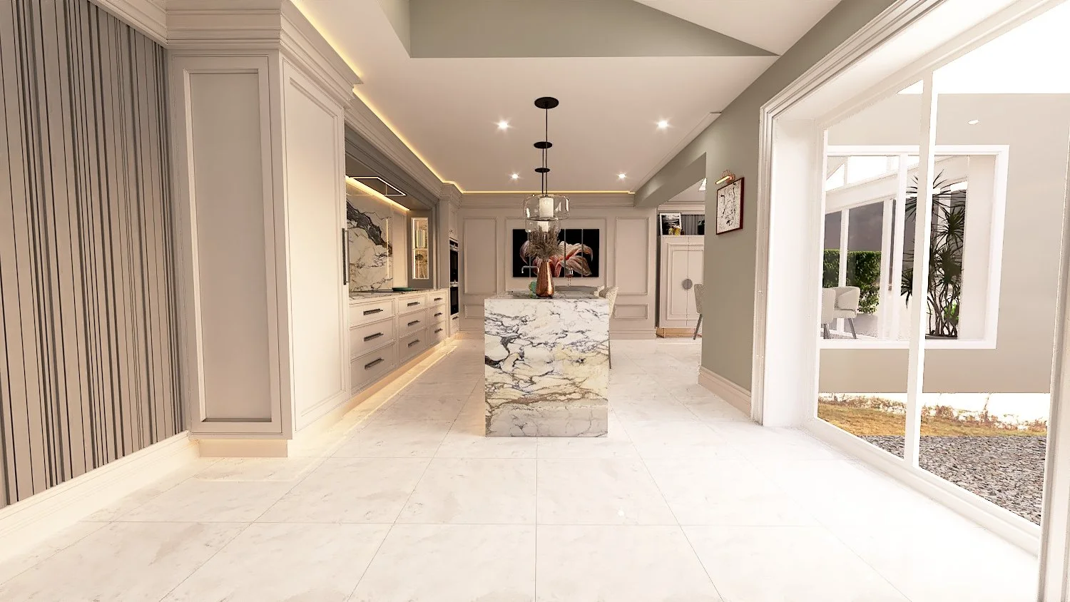 Photorealistic CGI kitchen visualisation by Darren Morgan Design showing a bespoke luxury kitchen before manufacture.