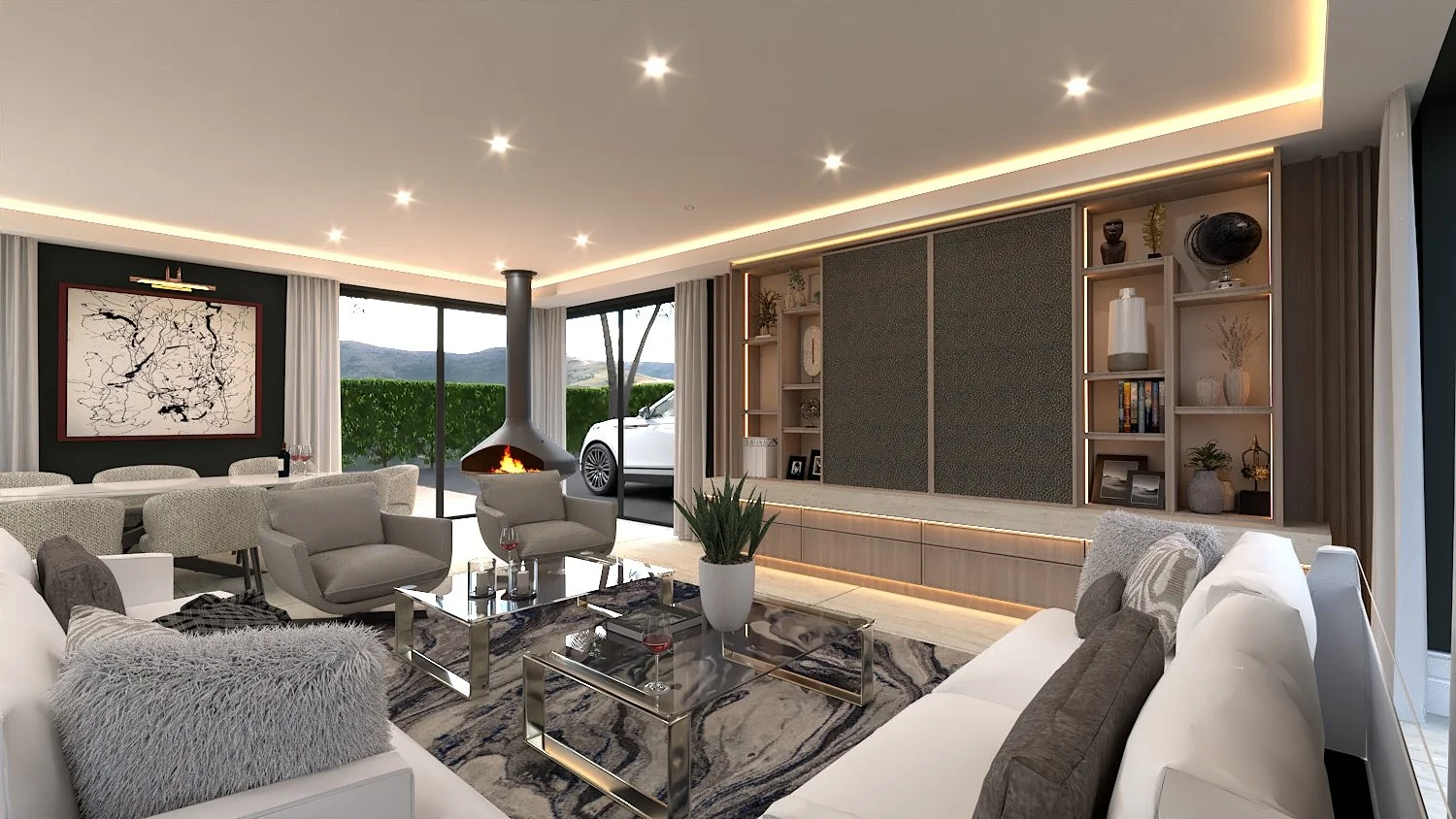 Photorealistic CGI of a luxury living room with bespoke furniture and interior architecture.