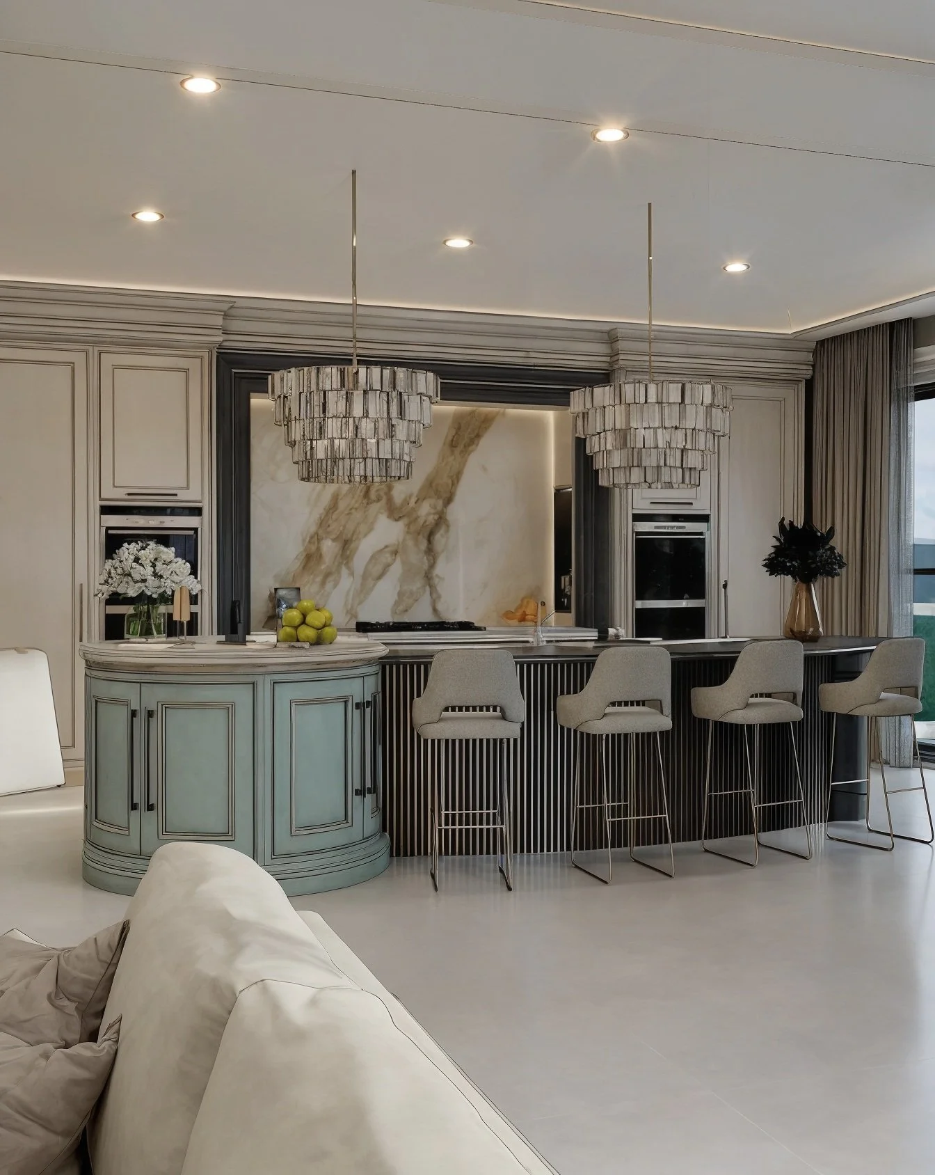 Photorealistic CGI of a luxury kitchen with curved cabinetry, island seating and statement pendant lights.