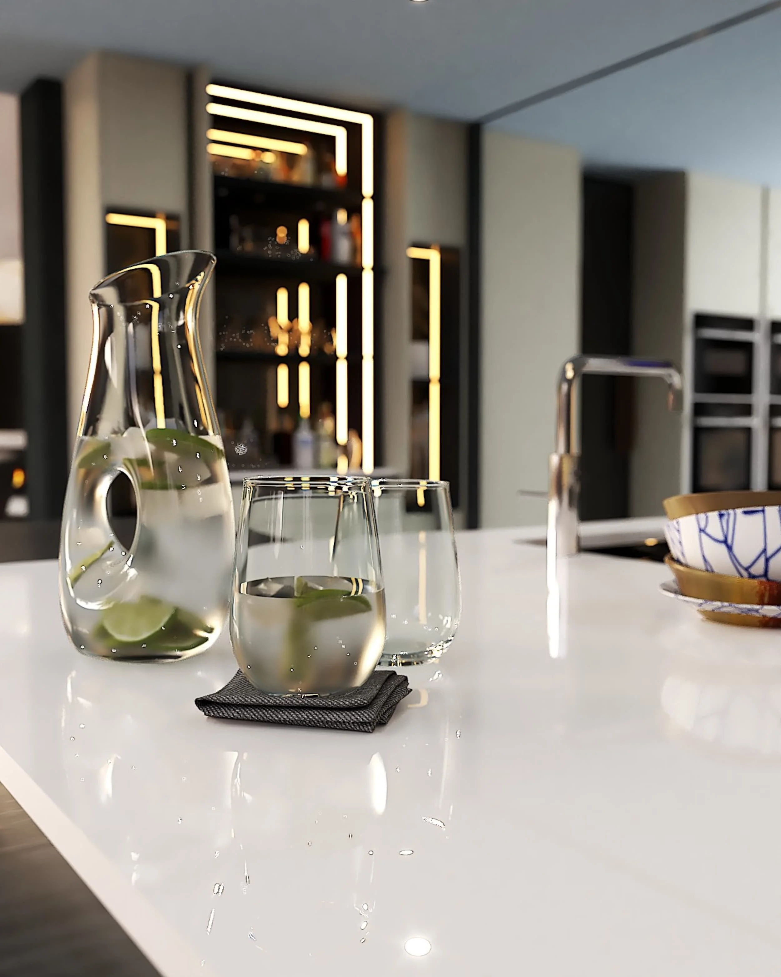 Photorealistic CGI detail of drinking glasses and a glass water jug within a luxury kitchen designed by Darren Morgan Design.