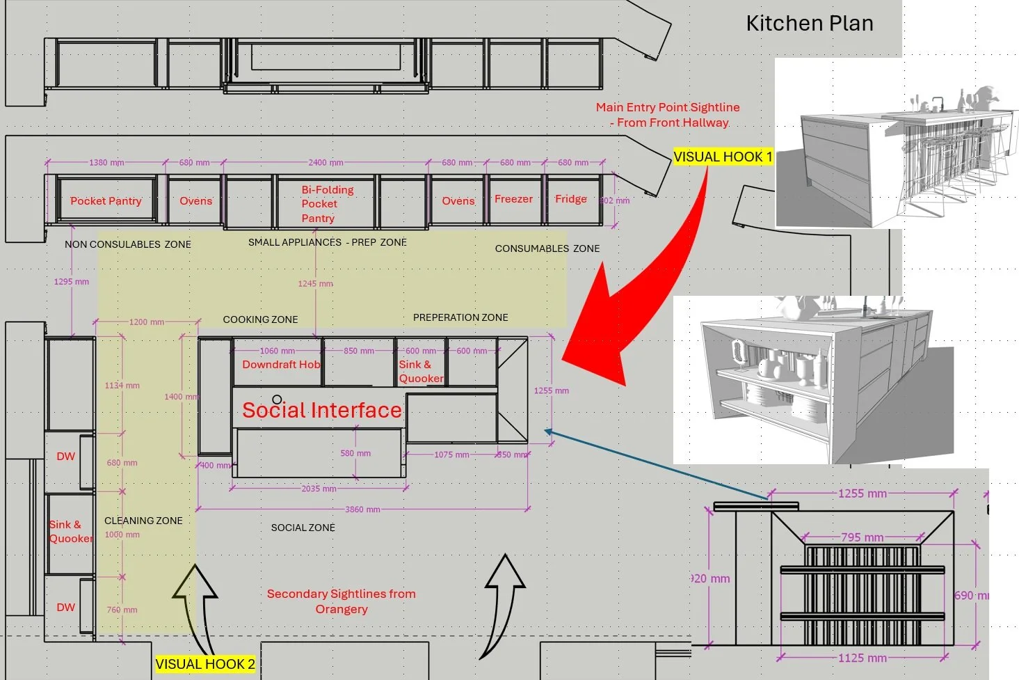 Kitchen spatial-planning study showing zones, sightlines and furniture layout.