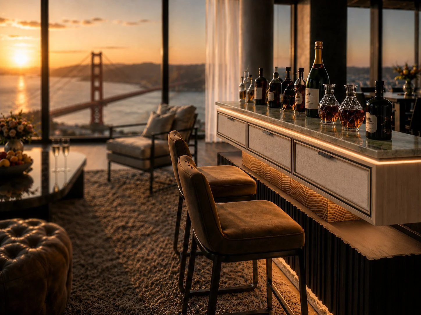 Kildara whiskey bar in a luxury interior overlooking a lakeside landscape.