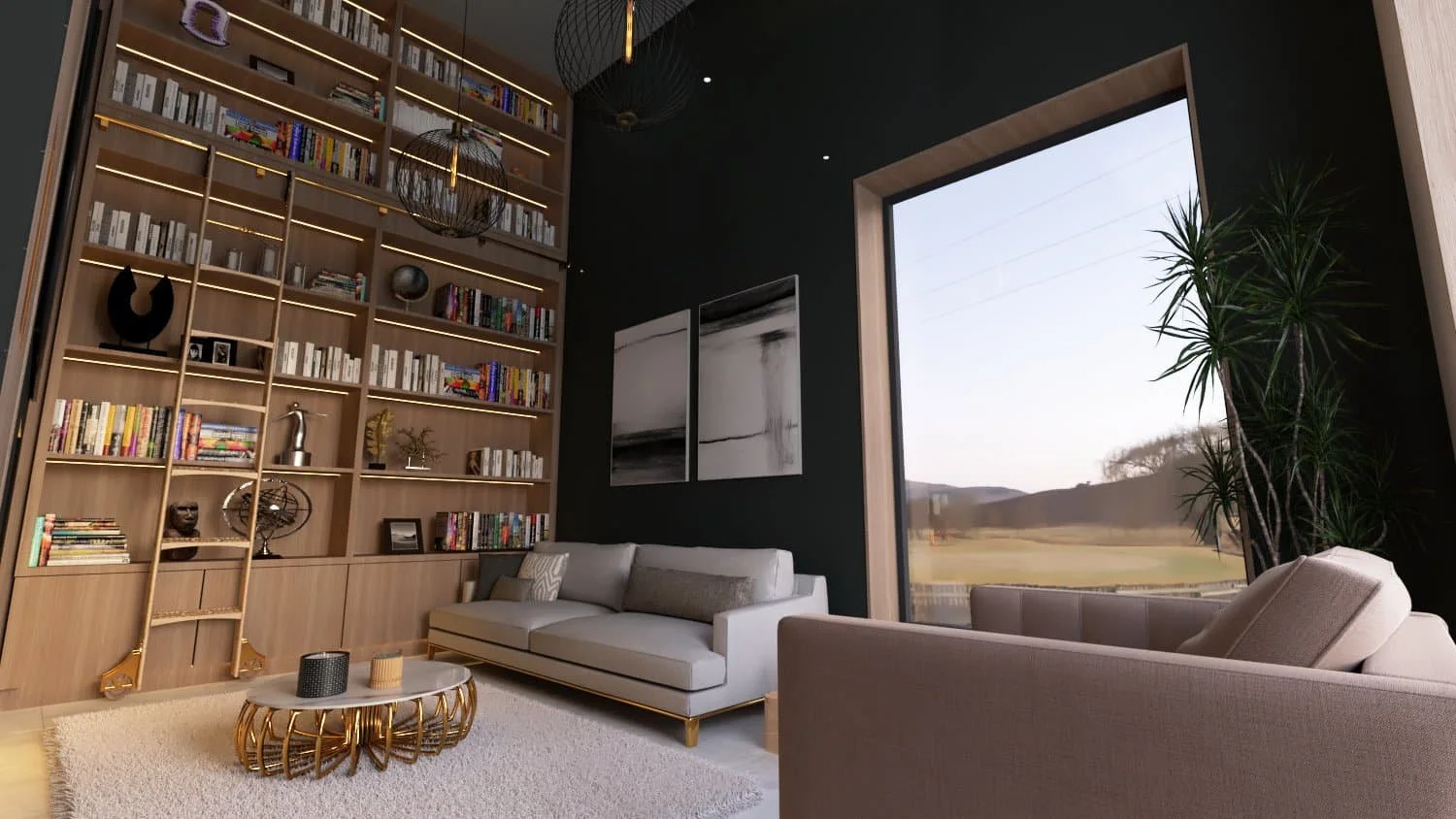 A large snug room with valued ceilings and large glass windows, a floor to ceiling wooden bookcase on the left wall with two grey sofas against the other walls which are painted black with monochrome artwork, daylight is coming through the windows