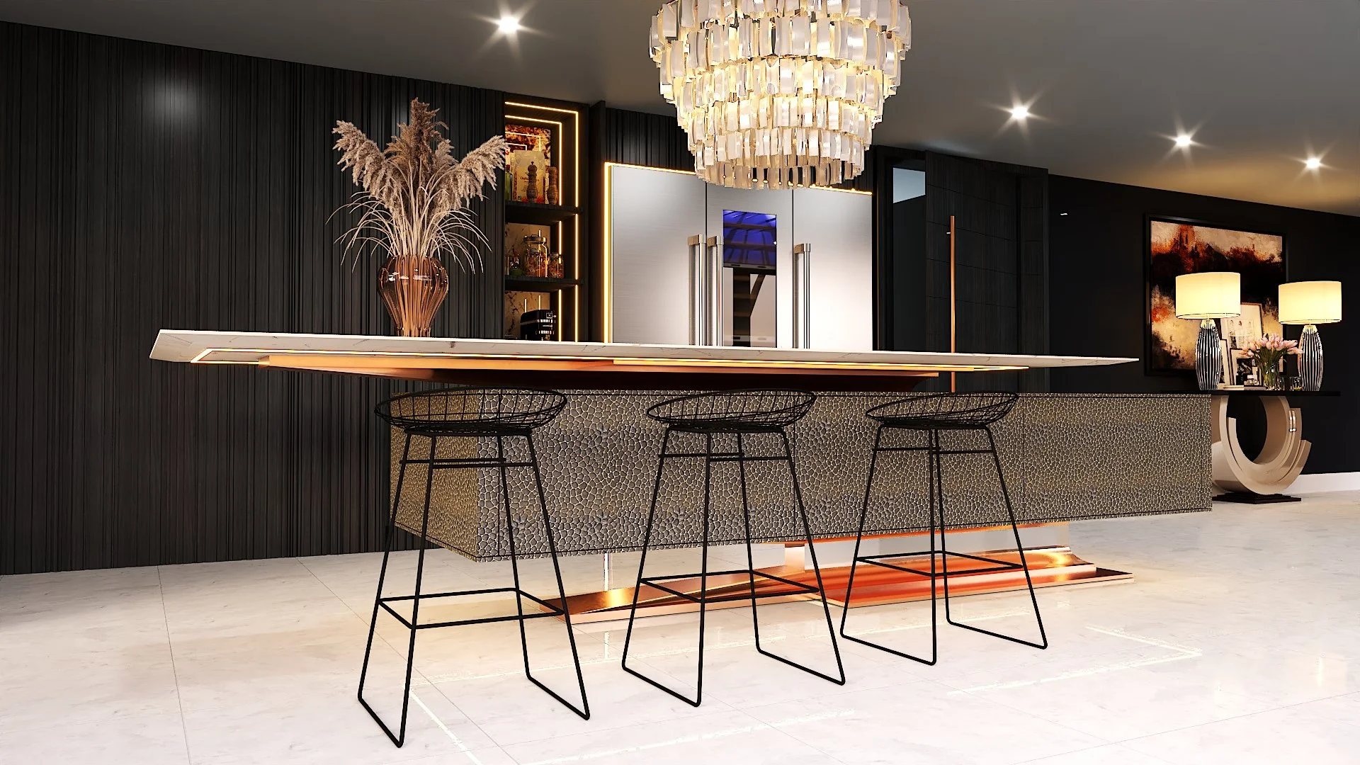 Luxury kitchen with bespoke cabinetry, stone island and layered architectural lighting.