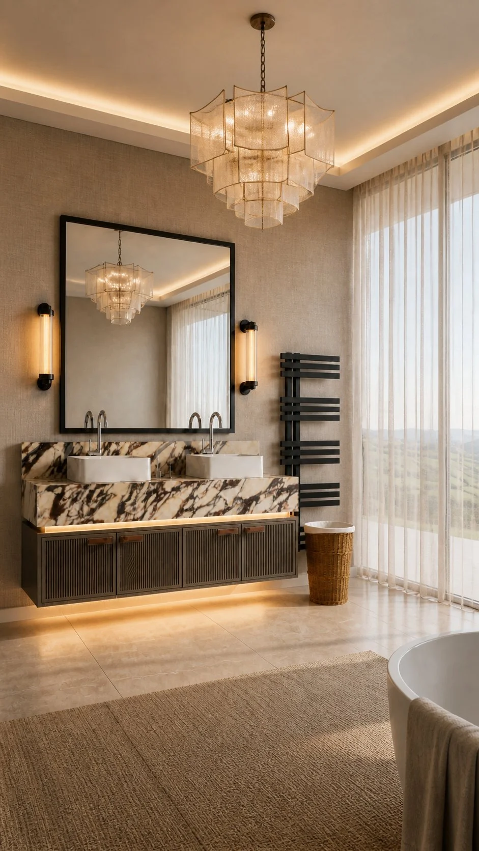 Photorealistic CGI of a luxury bathroom with bespoke vanity, marble surfaces and layered lighting.