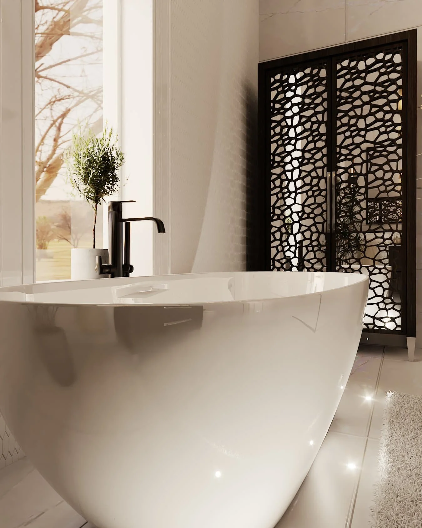 Photorealistic CGI of a luxury bathroom with bespoke furniture and contemporary interior design by Darren Morgan Design.