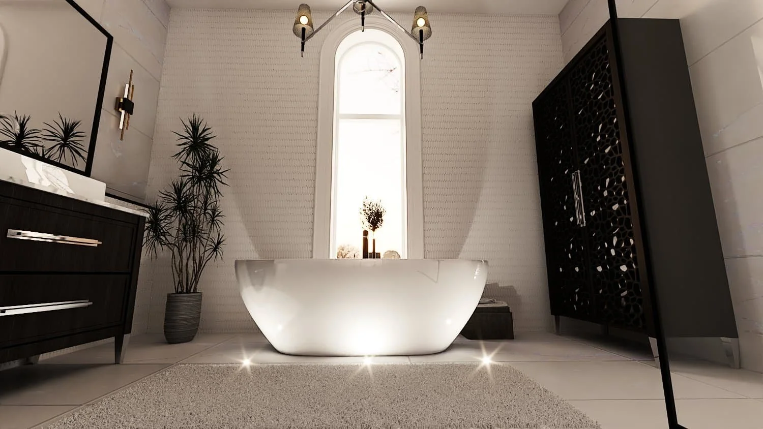 A large bathroom with a free-standing white tub in front of a shiplap wall with a floor to ceiling narrow window in the centre. The floor is white tiles with a grey fluffy rug and the bath is ground-lit by white spotlights - designer kitchen and bath