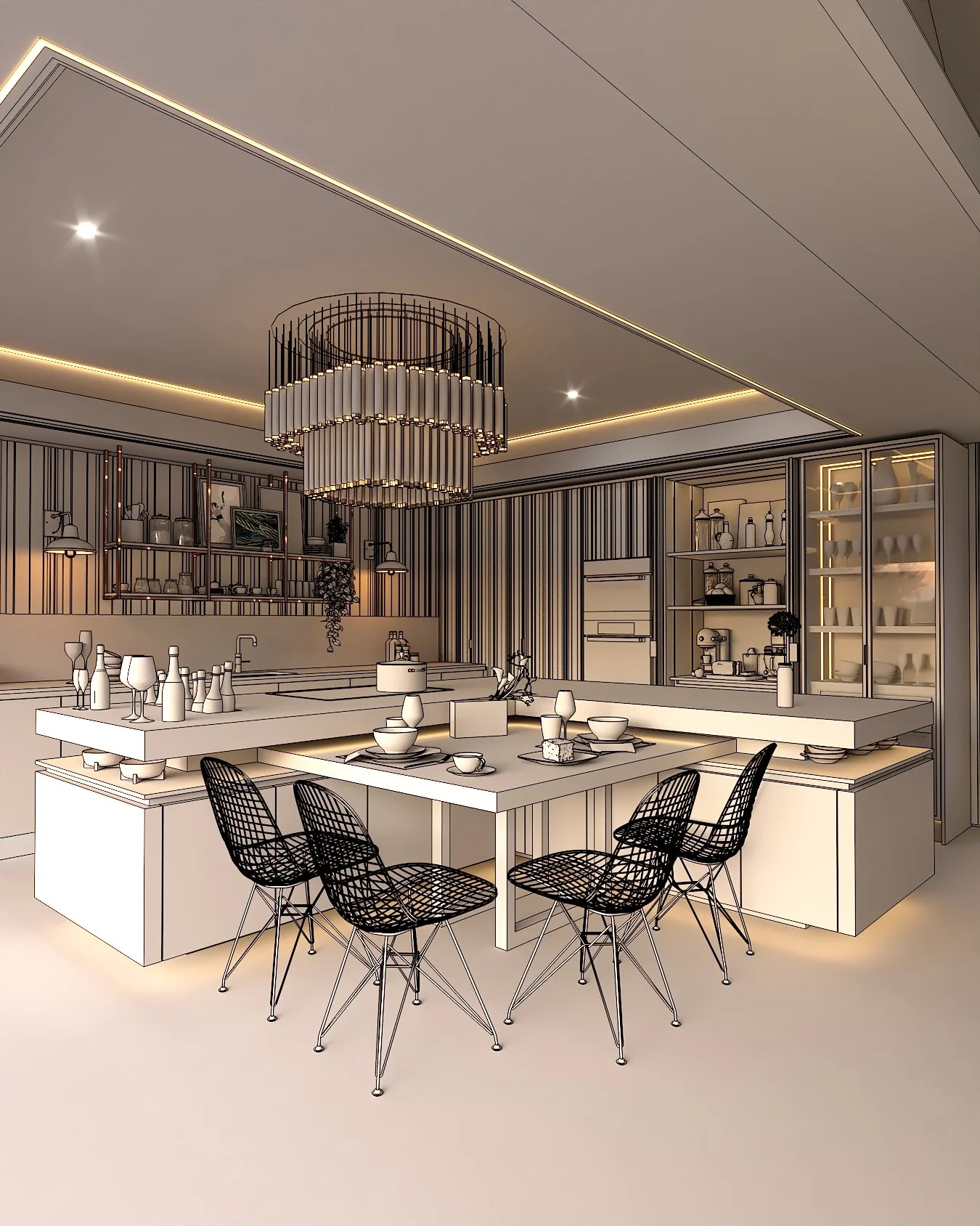 Concept CGI of an open-plan kitchen and dining space for a substantial home.