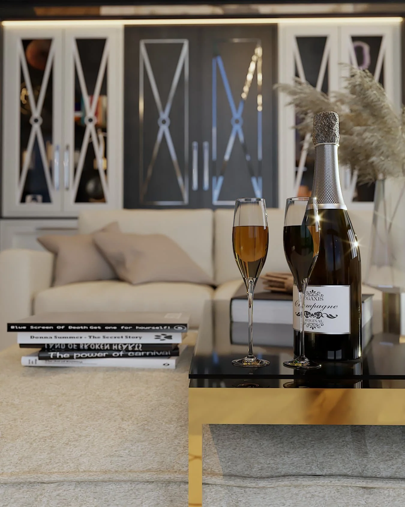 a close up shot of two champagne flutes on a table in a living room with a bottle of champagne next to them and a stack of books beside them. In the background is a neutral beige sofa with black and white cabinets on the wall behind