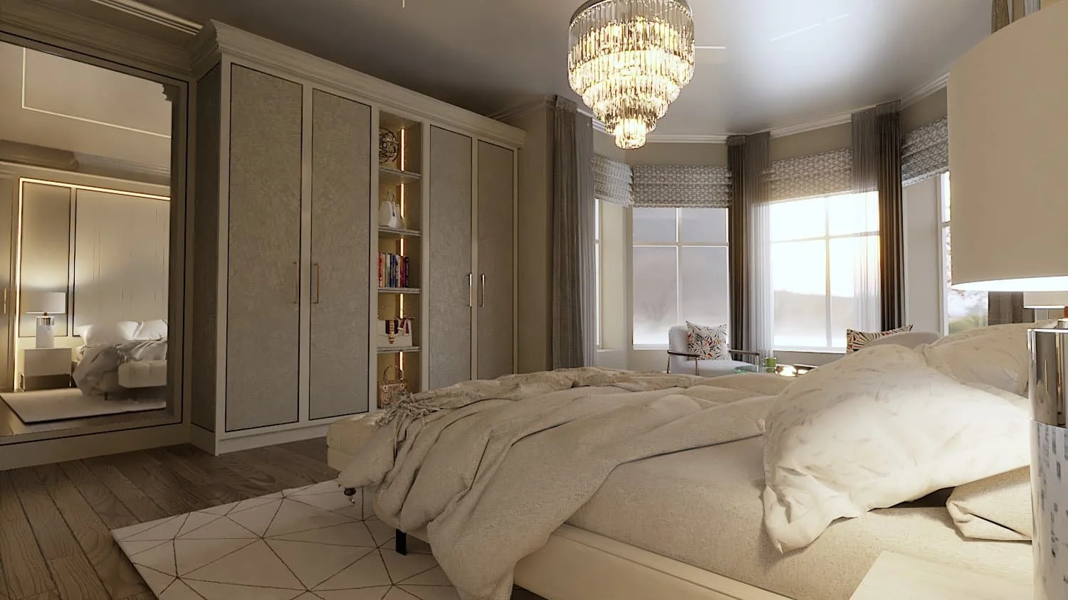 a luxury bedroom decorated in neutral cream tones with wooden flooring, cream geometric rug and cream bedding and throws on the bed. Custom furniture solutions for the floor to ceiling wardrobes which are cream with backlit shelving in the centre