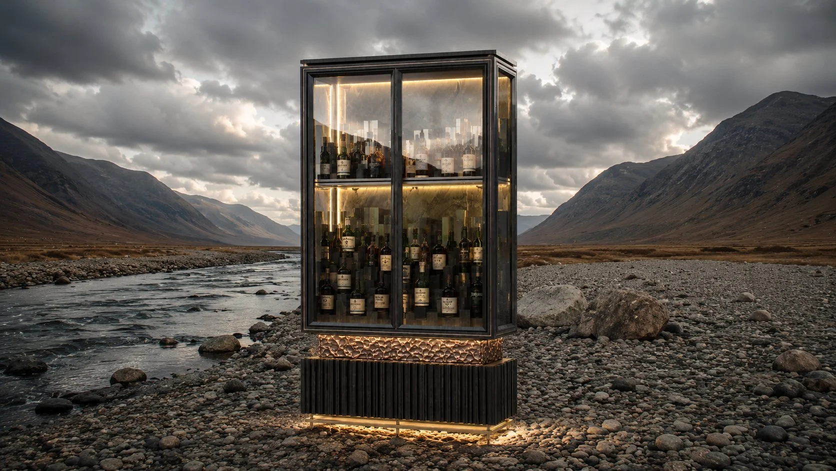 CGI visualisation of a bespoke drinks cabinet displayed in an Irish mountain landscape.
