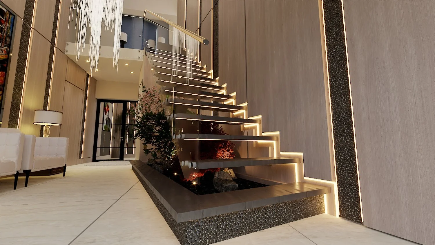 Photorealistic CGI of a contemporary staircase with integrated lighting and indoor planting.