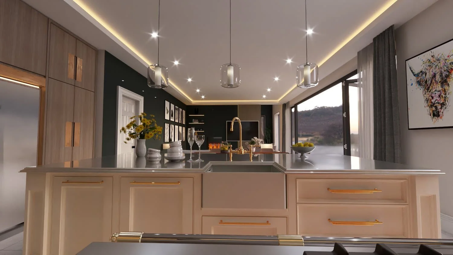 Darren Morgan models unique modern kitchens like this one with a Belfast sink, white shaker cabinets and a silver work surface, beyond the kitchen island is a living space painted black with a tv on the far wall, daylight coming in from bifold doors
