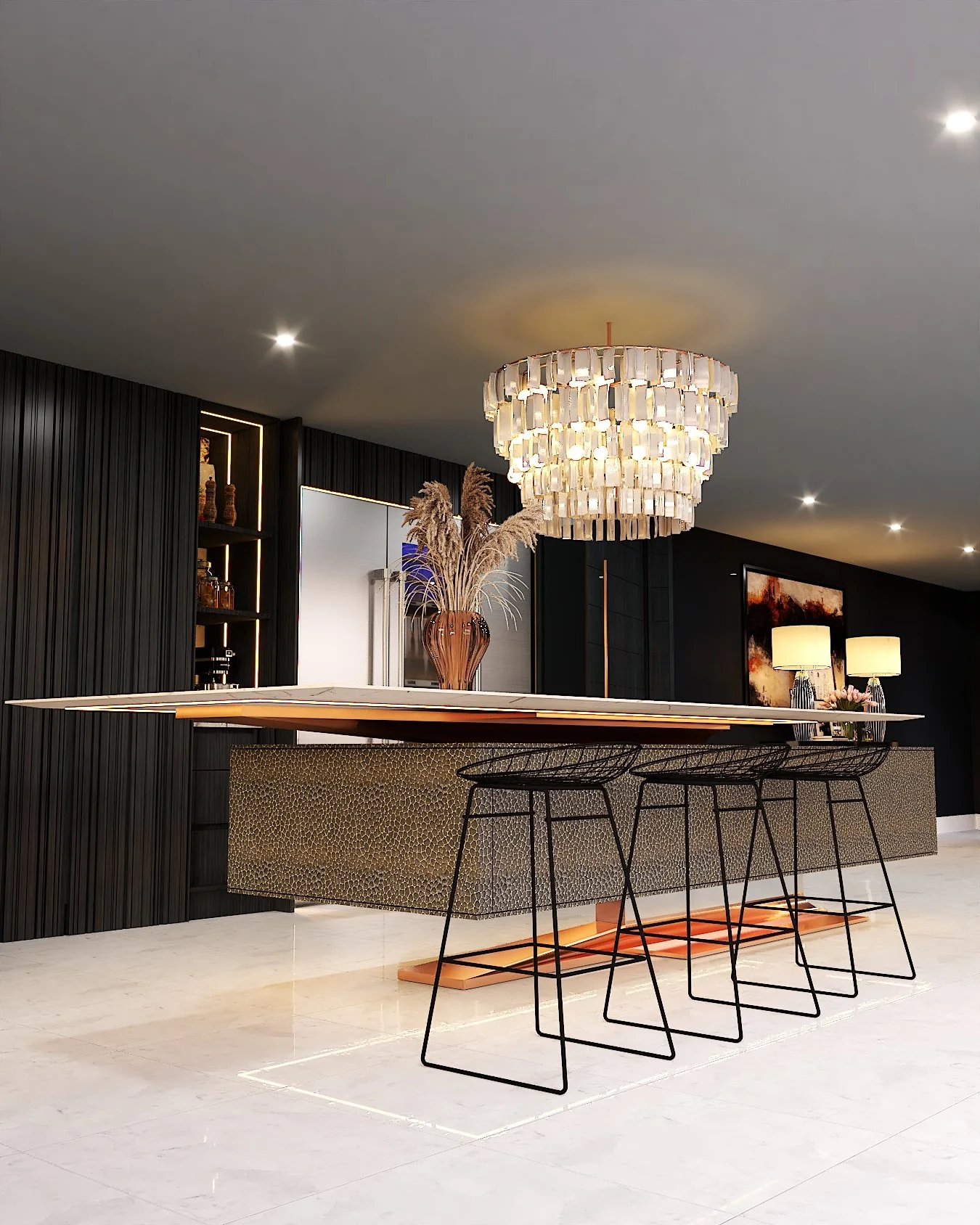 Award-winning luxury contemporary kitchen designed by Darren Morgan Design featuring a marble waterfall island, bespoke cabinetry and architectural lighting in a modern family home.