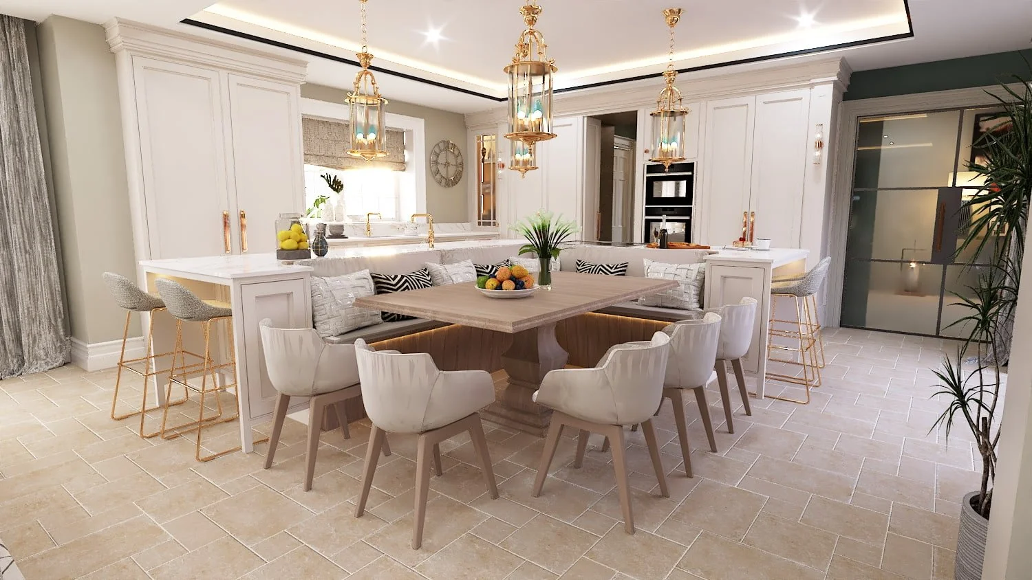 Contemporary kitchen island with integrated hob and seating area