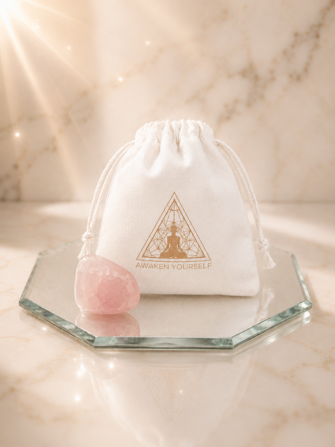 Rose quartz in velvet pouch