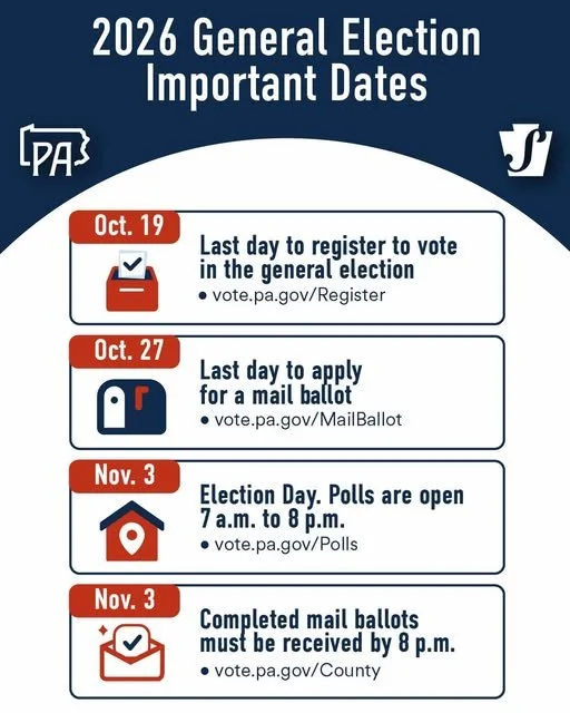Sharing, because the 19th is coming up quickly!

🗓️ Monday, Oct. 19 &ndash; Last day to register to vote in the midterm election. https://vote.pa.gov/Register

🗓️ Tuesday, Oct. 27 &ndash; Last day to apply for a mail ballot. https://vote.pa.gov/Mai