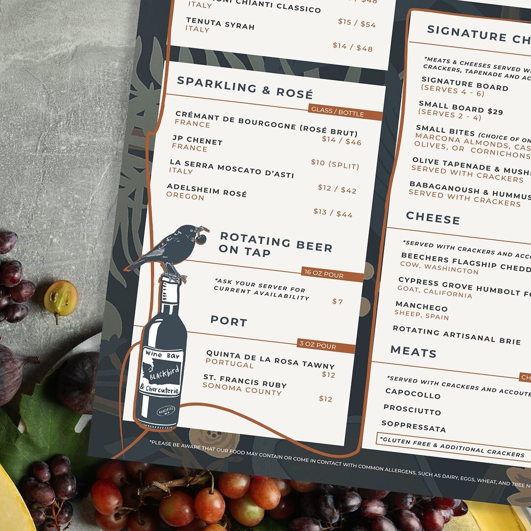 As soon as we first stepped into the interior of the Black Bird Wine Bar and Charcuterie, inspiration for their menu design was immediately invoked. It was imperative that their menus couldn&rsquo;t be just any ordinary menu design, they needed to be