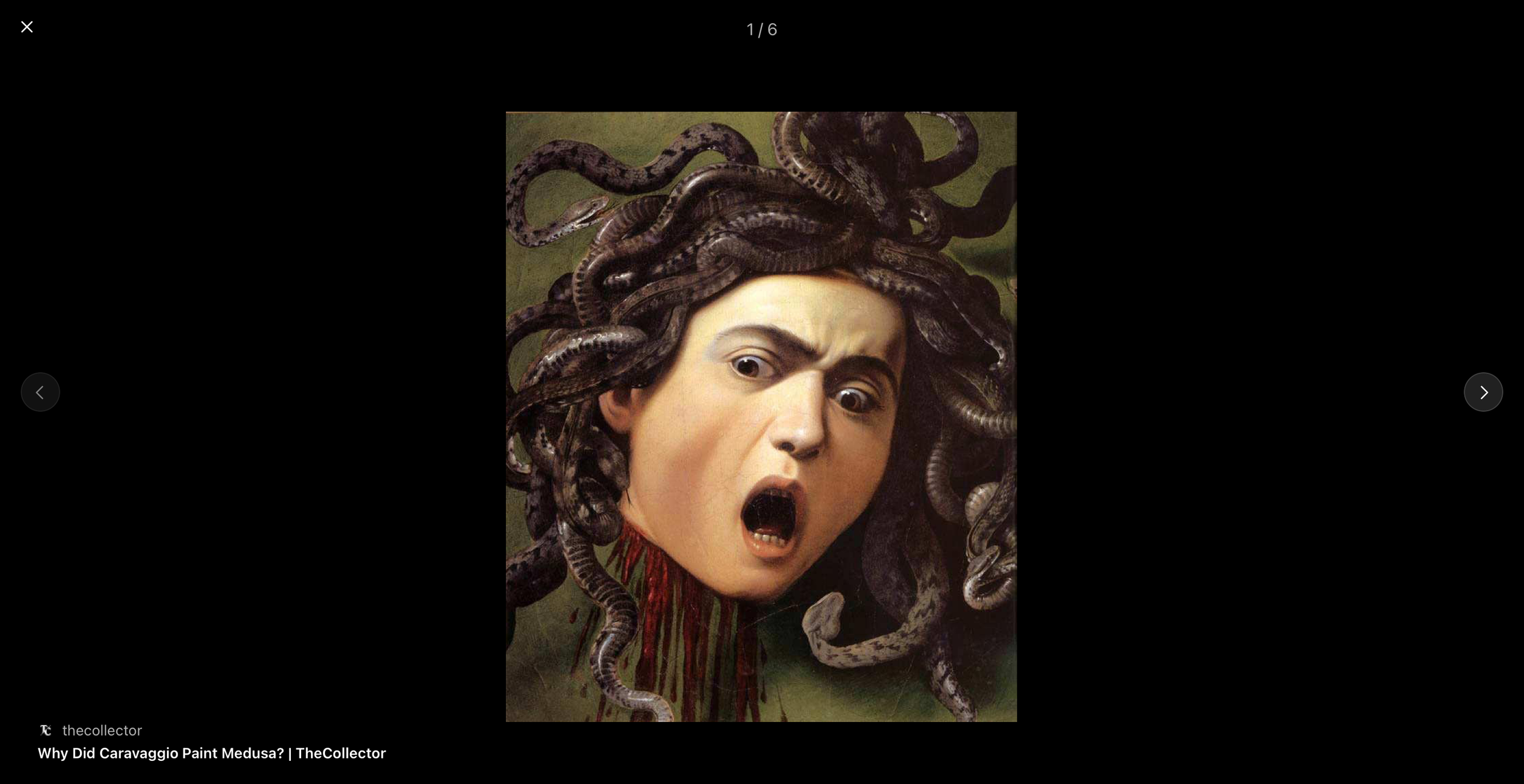 Caravaggio’s painting of Medusa’s severed head with snakes for hair, wide eyes, and a shocked expression, capturing fear, transformation, and the power of the mythological feminine.