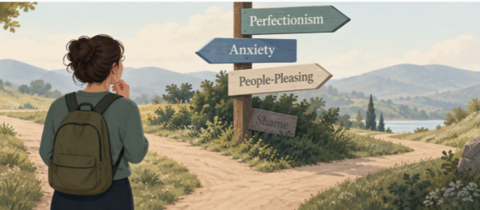 Person at a crossroads facing signs for perfectionism, anxiety, and people-pleasing, with a partially hidden sign for shame, illustrating how shame often lies beneath other emotional challenges.