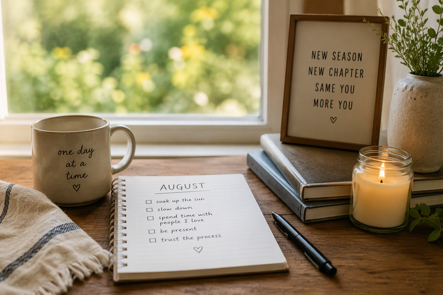A cozy late-summer workspace with a notebook, coffee mug, candle, and greenery, representing reflection and seasonal transition.
