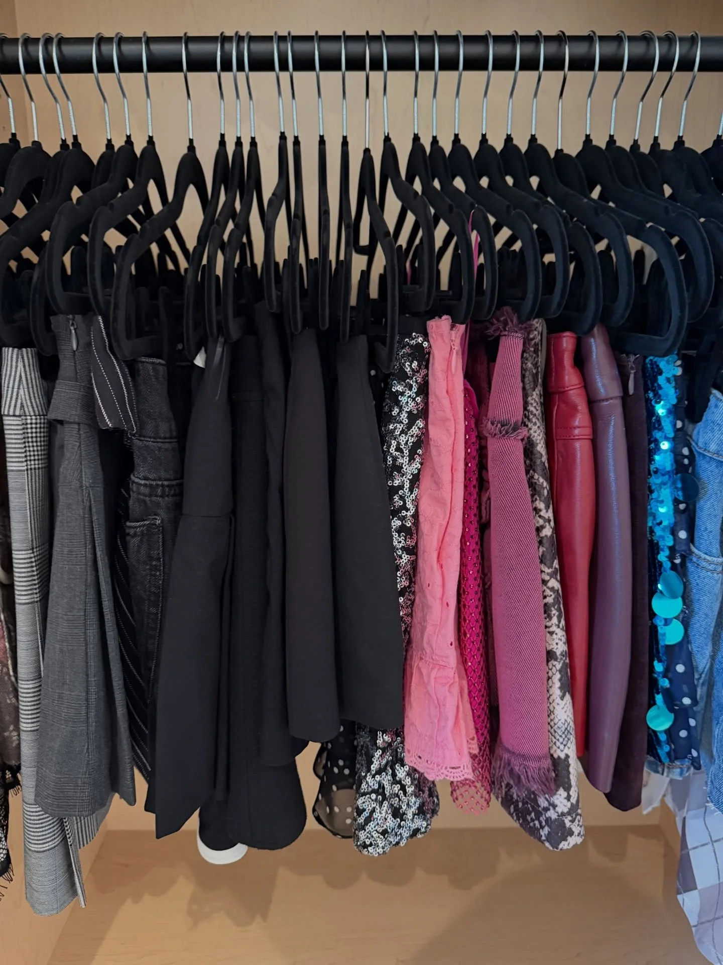 Pant hangers? We&rsquo;ve mostly moved on 😉

Depending on the client and the space, we&rsquo;ve ditched traditional pant hangers in favor of velvet clips&mdash;and the difference is chef&rsquo;s kiss. Clean, cohesive, and way more versatile.

Skirts