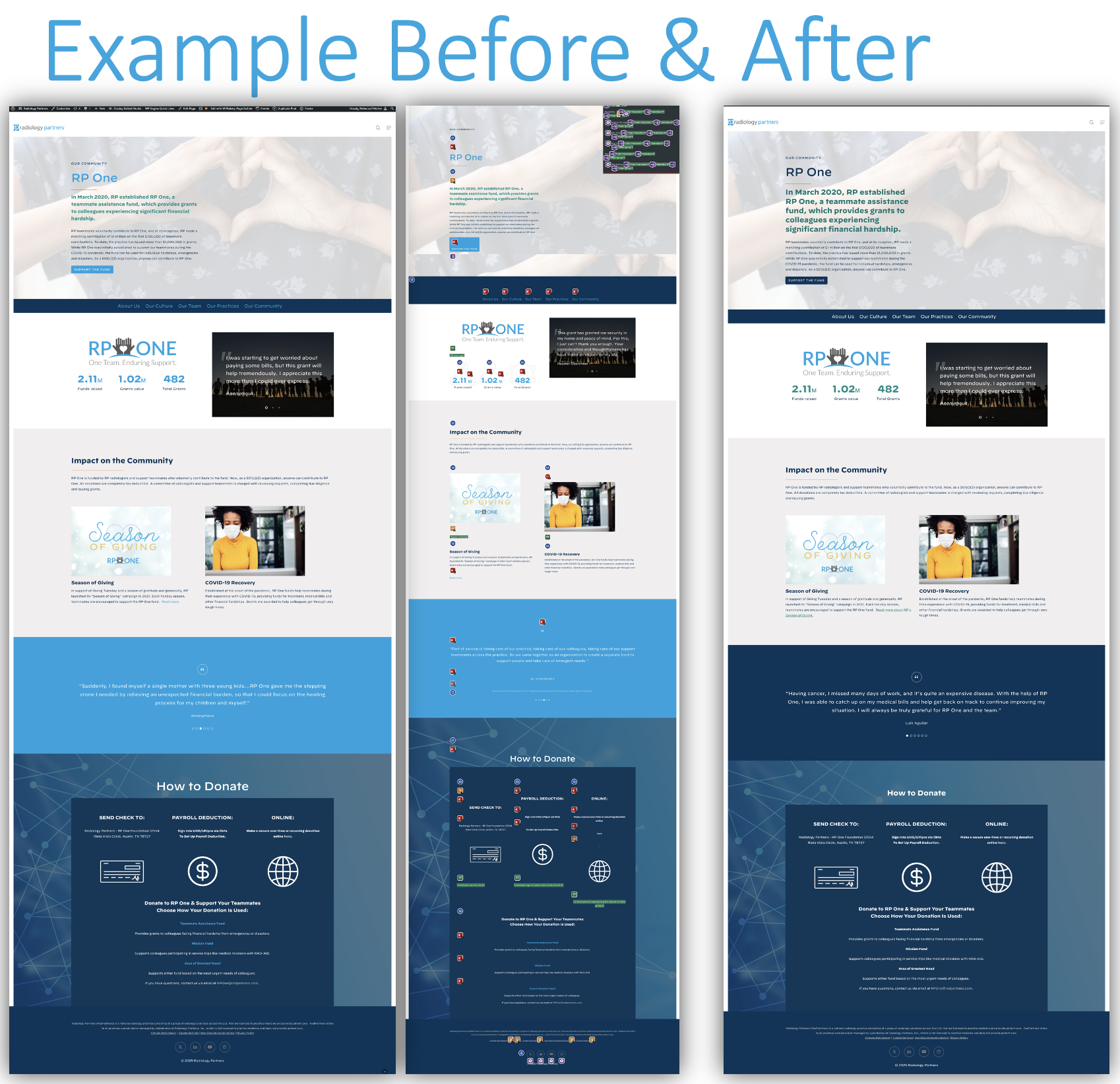 Three versions of the same webpage showing before and after accessibility improvements are applied