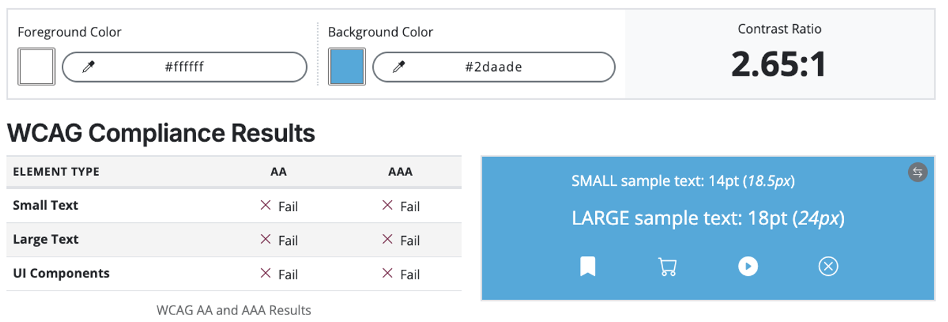 color contrast checking tool showing the colors failing WCAG compliance standards