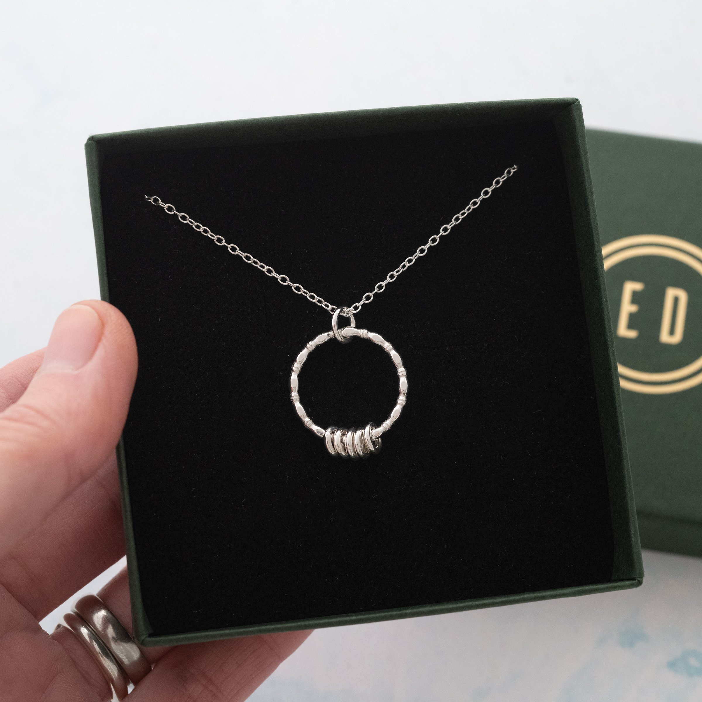 A silver family necklace displayed in the presentation box.