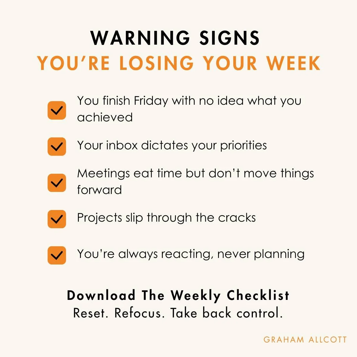 If your week feels like firefighting, something&rsquo;s off.

Emails pile up.
Priorities blur.
You end Friday wondering what you've actually achieved.

That&rsquo;s not focus, that&rsquo;s drift...

Try this instead:
✅ Spend 60&ndash;90 minutes once 
