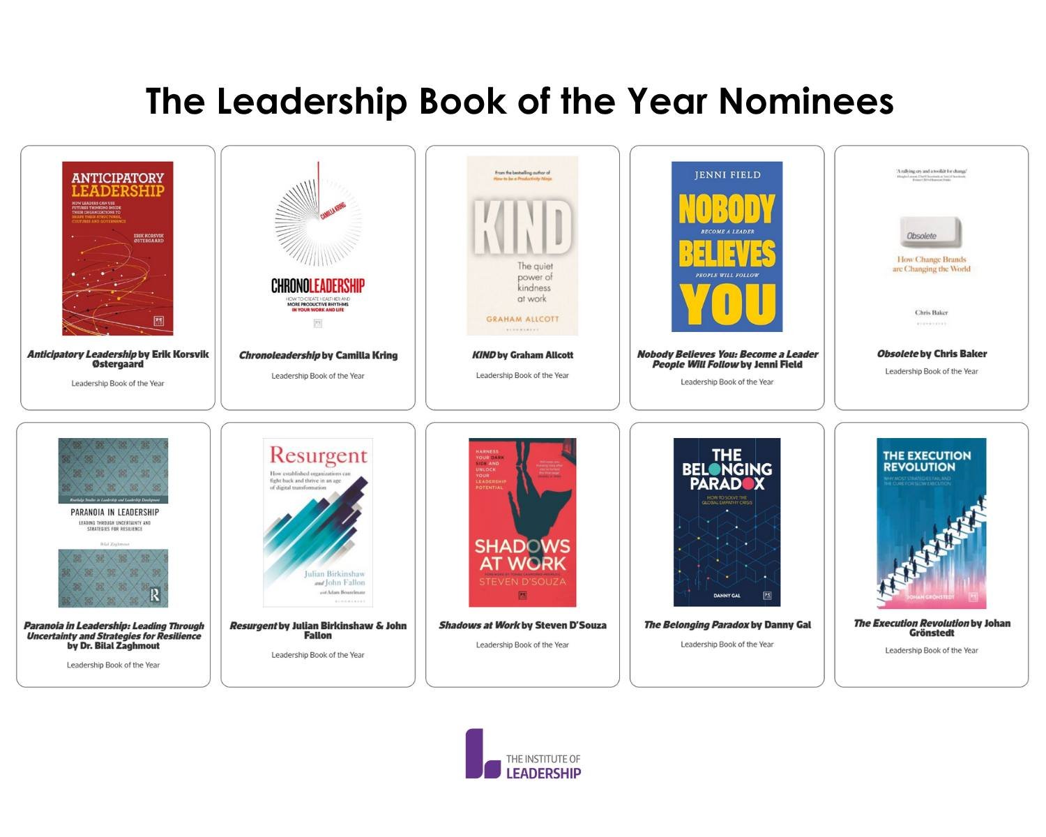 Leadership Book of the Year!
 
So happy to find out that KIND: The Quiet Power of Kindness at Work has been shortlisted by the The Institute of Leadership as Leadership Book of the Year 2025.
 
It&rsquo;s so humbling to be alongside such brilliant bo