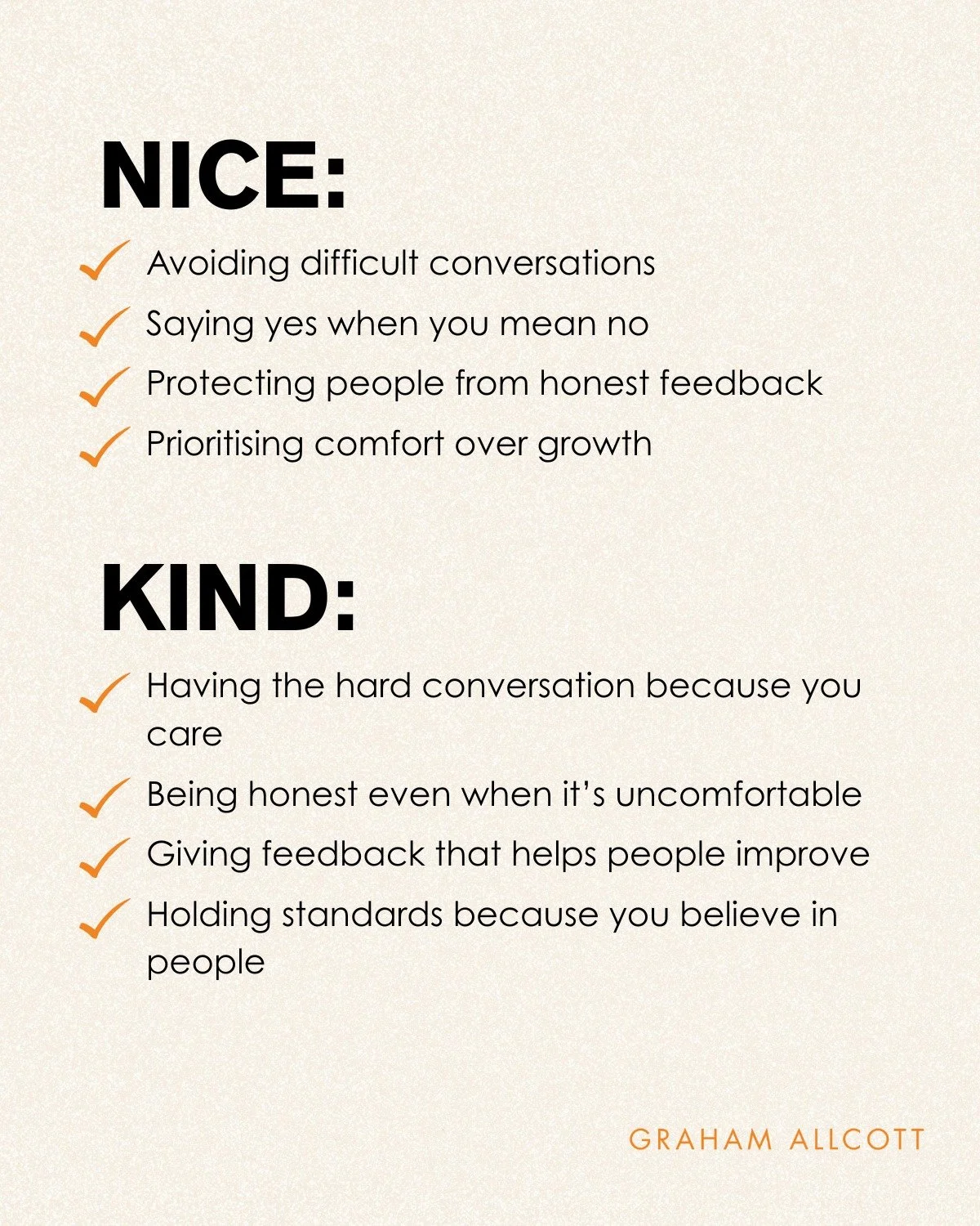 The biggest mistake leaders make about kindness?

Confusing it with being nice.

That confusion quietly kills cultures.

Nice means:

Avoiding difficult conversations
Saying yes when you mean no
Protecting people from honest feedback
Prioritising com