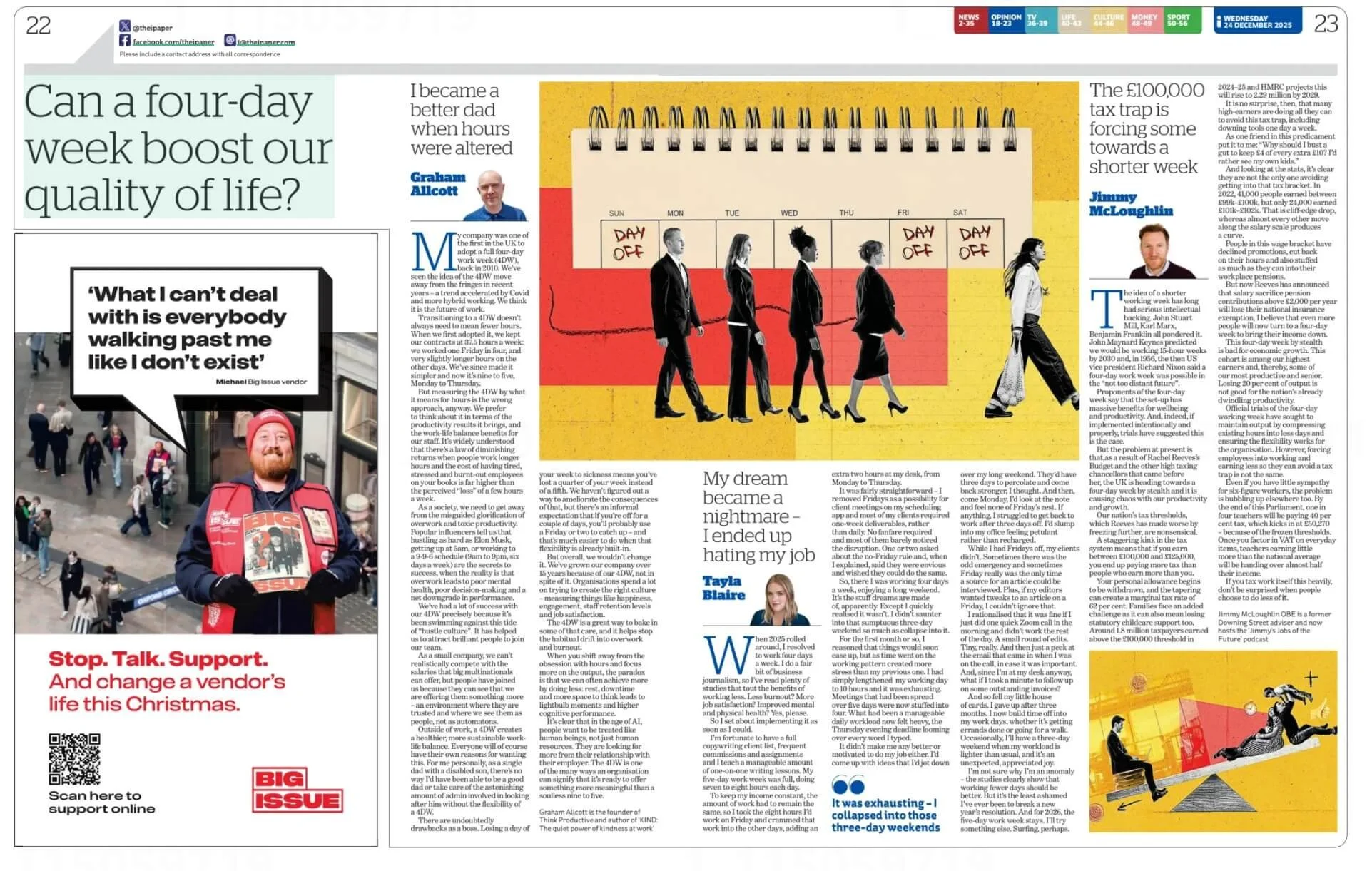 A newspaper spread featuring articles, a calendar illustration with people walking, and a man holding a sign that says 'Stop. Talk. Support. And change a vendor's life this Christmas.' The calendar shows days off from Monday to Saturday, with some days marked as 'Day Off.' The articles discuss various topics, including a four-day workweek, personal stories, and economic issues.